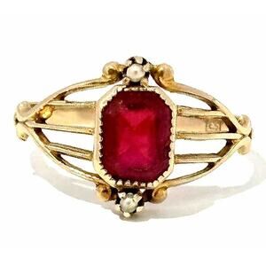 Vintage Victorian 10k Solid Yellow Gold Ruby Paste And Seed Pearl Ring